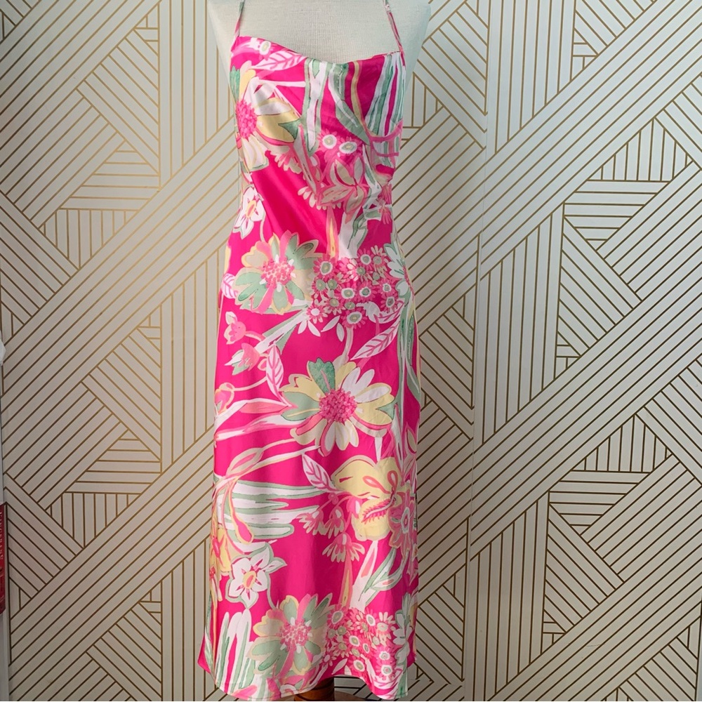 Next Up Satin Floral Print Criss Cross draped neck spaghetti strap Slip Dress 4